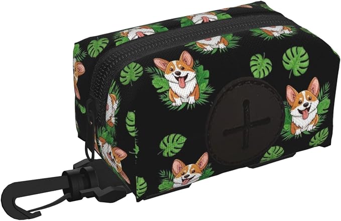 Cute Corgi Dog Tropical Leaves Peony Flowers Dog Poop Bag Holder for Walking, Hiking, Running And Traveling