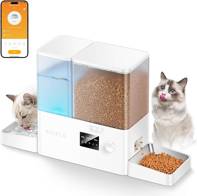 2-in-1 Automatic Cat Feeder & Water Dispenser,WiFi Control Feeding | 2.4G WiFi APP/Timed Feeding/5L Food Feeder,3.5L Water Fountain/Stainless Steel Bowls/Detachable Clean/White