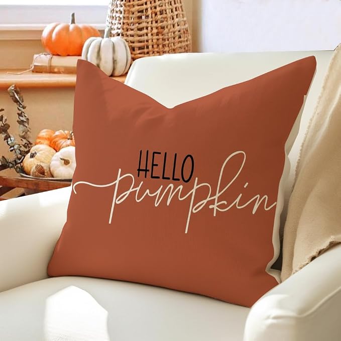 RABUSOFA Fall Pillow Covers 18x18 Inch,Rust Autumn Hello Pumpkin Pillows Decorative Throw Pillows,Outdoor Thanksgiving Cushion Cover Farmhosue Fall Decor for Bedroom Couch Sofa Rust