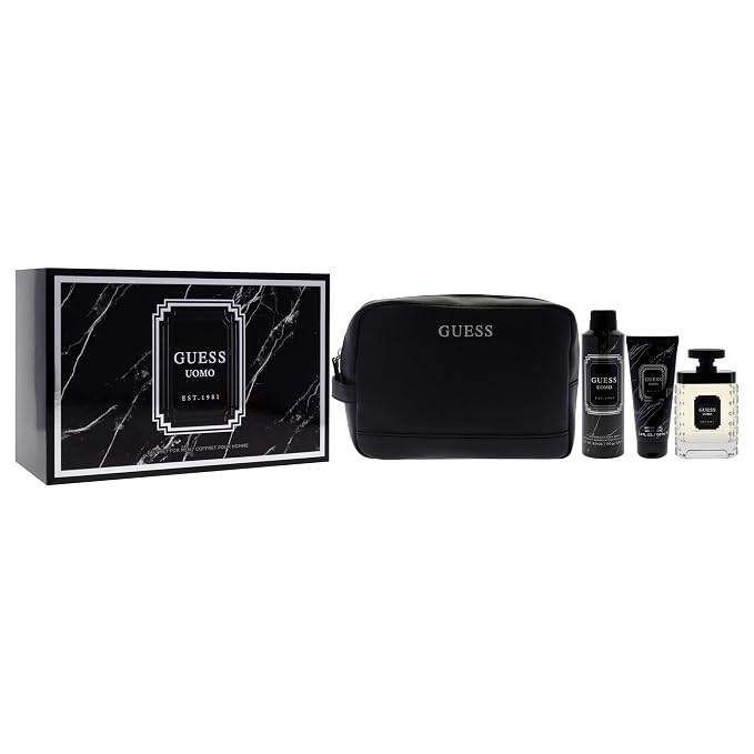 Guess Uomo by Guess for Men - 4 Pc Gift Set 3.4oz EDT Spray, 6oz Deodorizing Body Spray, 3.4oz Shower Gel, Pouch