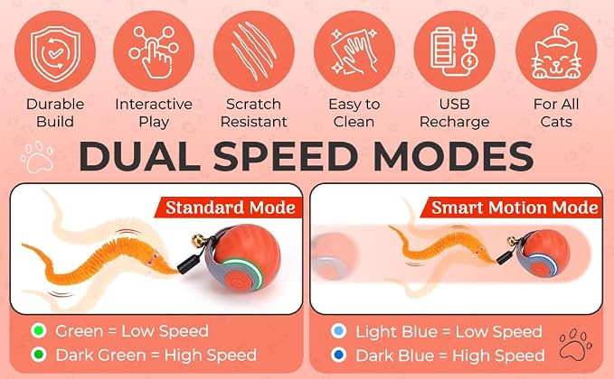 Interactive Cat Toy Ball - Motion-Activated, USB Rechargeable Cat Toys for Indoor Cats with Anti-Scratch Cover & 2 Changeable Tails - Enrichment Toy for Active Cats & Kittens