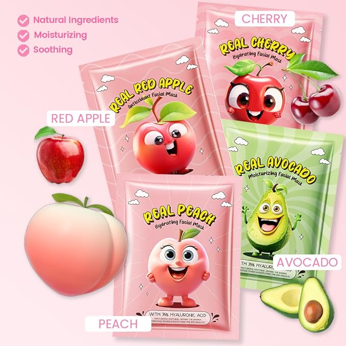 evpct 8-Pack Fruit Sheet Face Facial Masks for Women Skincare Spa, Facial Spa Day Slumber Sleepover Birthday Party Favors Supplies, Natural Ingredients, Hydrate and Soothe for All Skin Types, SetA01