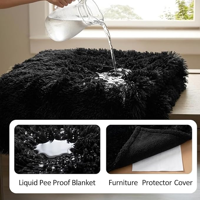 Waterproof Dog Blanket Pet Throw Blankets Fluffy Long Faux Fur Reversible Puppy Blankets 85x57in Furniture Protector Cover for Sofa Bed Couch Bed Cover Washable for Dogs Cats (Black XL)