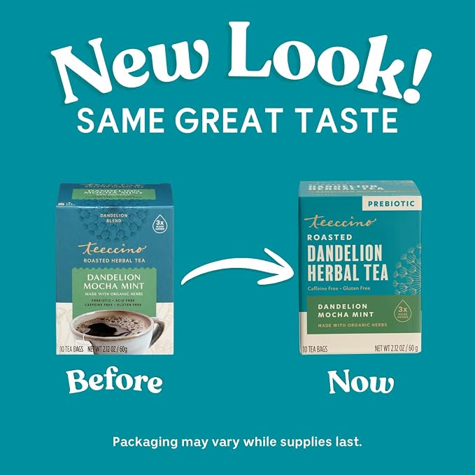 Teeccino Dandelion Root Tea - Mocha Mint - Caffeine Free, Roasted Herbal Tea with Prebiotics, 3x More Herbs than Regular Tea Bags, Gluten Free - 10 Tea Bags (Pack of 4)
