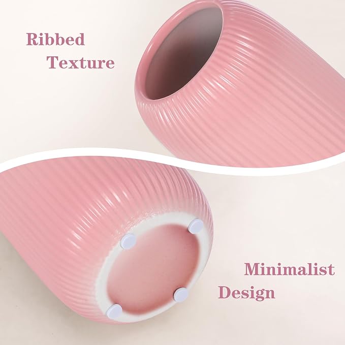 Ceramic Vase for Flowers – Modern Small Ribbed Textured Flower Vase for Home Decor, Pampas Grass, Decorative, Farmhouse, Coffee Table, Kitchen Centerpieces, Bookshelf and Home Living (Pink)