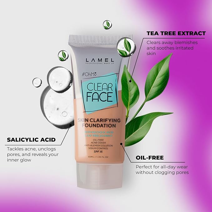 LAMEL Oh My Clear Face Full Coverage Foundation for Oily & Acne Prone Skin, Salicylic Acid & Tea Tree Extract, Anti-Blemish Sensitive Skin Care, Organic & Oil-Free, 406 Sand, 40 ml / 1.35 fl.oz