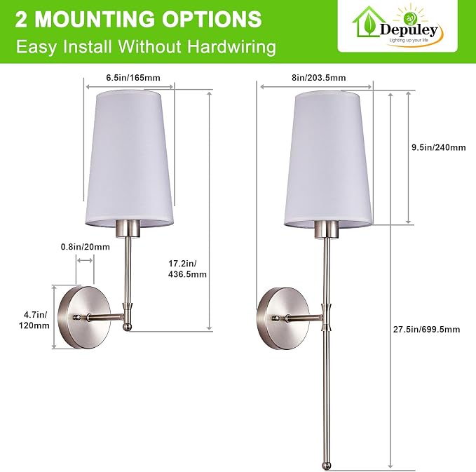 Depuley Battery Operated Wall Sconce: 27" Set of 2 Wireless Wall Lights with Remote for Bedroom - Rechargeable 15 Colors Wall Lamp for Living Room Hallway Decor - Brushed Nickel