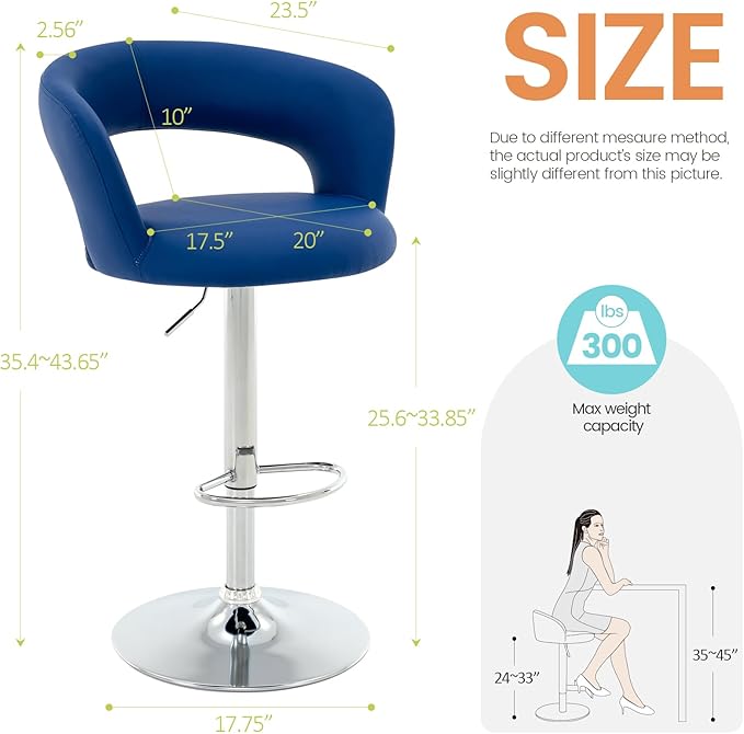 Brage Living Wide Bar Stool, Modern PU Leather Swivel Adjustable Barstool with Hollow Back and Arms, Upholstered Airlift Counter Height Bar Chair for Kitchen Dining (Blue, Chrome Base)
