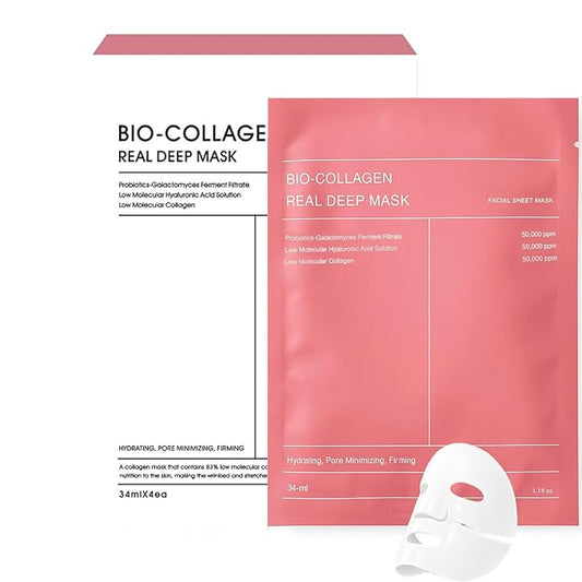 Hydrating Collagen Facial Sheet Mask – Deep Moisture, Pore Care, Firming, Elasticity Boost, Overnight Skin Rejuvenation – 4ea x 1.19oz Masks (34g)