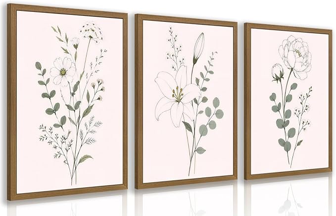 OPFDE Wood Framed Sage Green Botanical Wall Art Set of 3, Minimalist Wildflower Poster Prints, Neutral Floral Line Art Decor, Modern Farmhouse Bathroom Artwork for Living Room Bedroom 16x24 Inch