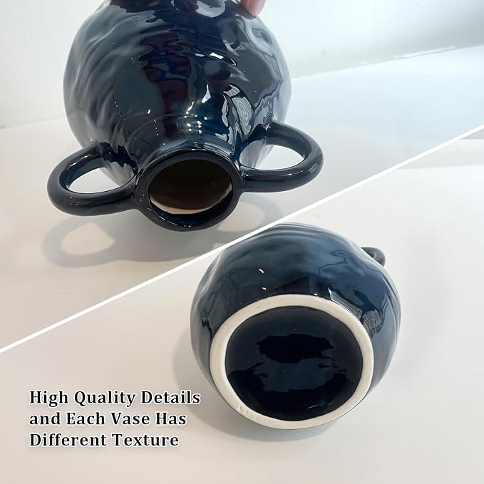 LIFFY Blue Ceramic Vase for Flowers, 6.3 Inch Tall Modern Farmhouse Centerpiece with Double Handles, Vintage Rustic Decorative Vases Home Table Decor (Navy Blue)