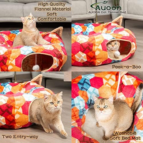AUOON Cat Donut Tunnel with Bed for Kitten Puppy Rabbit Ferret, Orange