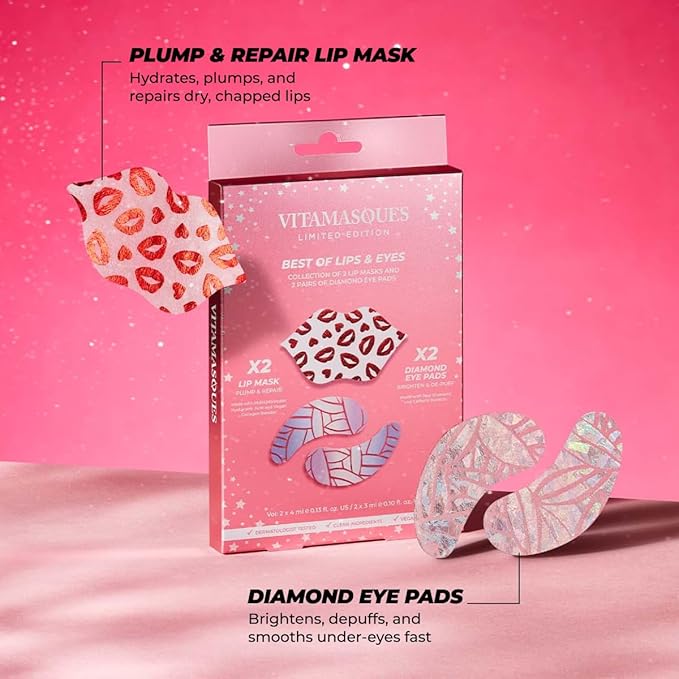 Vitamasques Under Eye Patches & Lip Mask Sheets, Best of Eyes & Lips Set 2 Packs - Eye Patches for Puffy Eyes - Under Eye Masks for Dark Circles and Puffiness - 2 x 4 Packs - 8 Pads