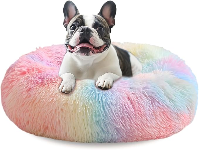 JOLLYVOGUE Calming Dog Beds Large Sized Dog, 36in Donut Washable Large Pet Bed, Anti-Slip & Anti-Anxiety Fluffy Faux Fur Round Dogs Bed, Fits up to 80 lbs Pets (Rainbow)