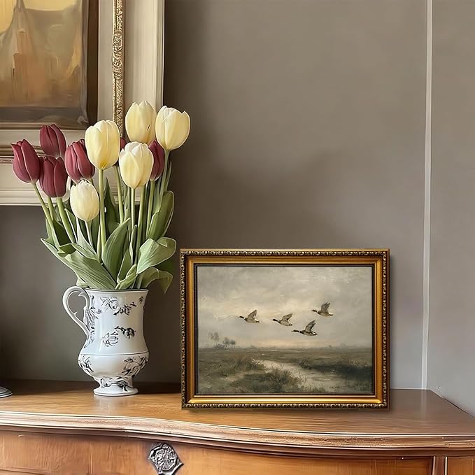 Vintage Hunting Gold Framed Wall Art Flying Mallard Duck Wall Decor Art | Rustic Landscape Painting Canvas Art Farmhouse Cottagecore Small Framed Prints Artwork Bedside Tables Foyer Bookshelf Entry