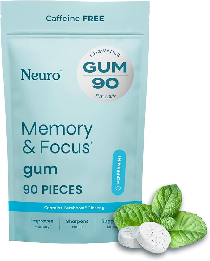 Neuro Memory & Focus Gum - Nootropic Gum with Vitamin B12, Vitamin B6, L-Theanine & Ginseng Extract - Natural Brain Support Supplement - Vegan, Caffeine & Sugar Free Chews - Peppermint, 90 ct