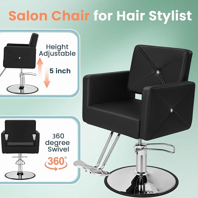 Salon Styling Chair, Heavy-Duty Hydraulic Salon Chair with Wide Seat, 360° Swivel, Premium Cushion & Sleek Design for Hair Stylists, Barbershops & Beauty Spas