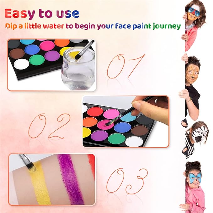 Janolia Face Painting Kit for Kids, 15 Colors Face Paint Palette, Water Activated Face Paint, Body Paint Makeup for Halloween Carnival Easter Theme Party, Ideal Facepaint Makeup Kit for Kids