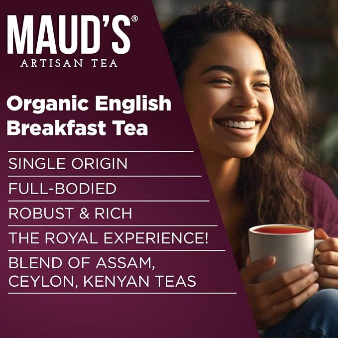 Maud's Organic English Breakfast Black Tea Pods, 48 ct, Single Serve Pods – 100% Gourmet Blended Tea Leaves, Compatible with Keurig K Cups Maker