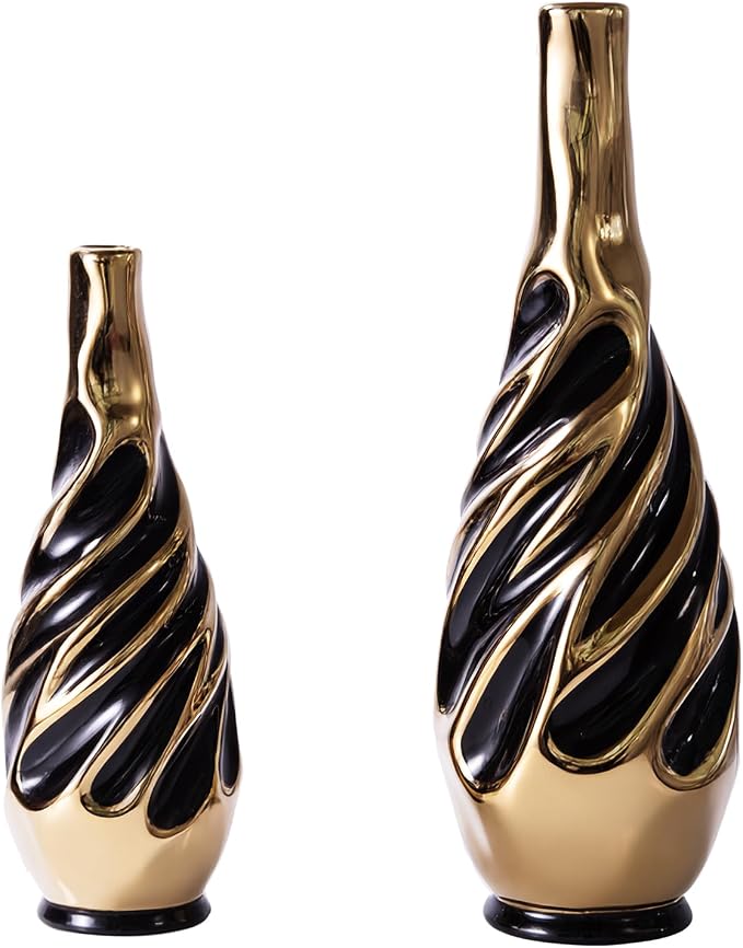 Yundu Gold with Black Vase Set of 2 | Pampas Grass Vase, Ceramic, Boho & Modern Centerpieces, Living Room Decor
