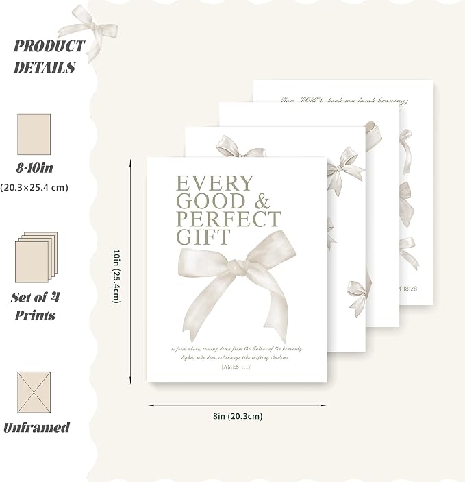 LARTSFRO Coquette Beige Bow Christian Wall Art Decor Posters, Beige Bow Christian Room Bedroom Bathroom Dorm Wall Art Decor Aesthetic for Women College Teen Girls Gifts, Inspirational Bible Verses Bow Wall Decor, 10x8 Inch Set of 4 Pcs Bow Pictures (UN...