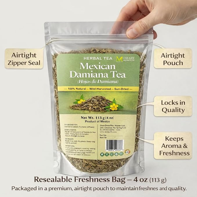 Mexican Damiana Tea – Hojas de Damiana (Turnera diffusa) – 100% Natural Herbal Tea | Wild-Harvested, Sun-Dried Premium Leaves and Stems | Authentic Mexican Herbal Blend | Relaxation & Wellness Support | Net Wt. 113 g (4 oz)