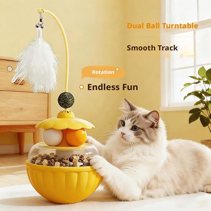 Cat Tumbler Food Dispenser Toy, 3-in-1 Slow Feeder Interactive Cat Puzzle with Dual Track Balls & Feather Wand, Self-Balancing Cat Treat Toy for Indoor Cats, Boredom Buster for Anxiety Relief
