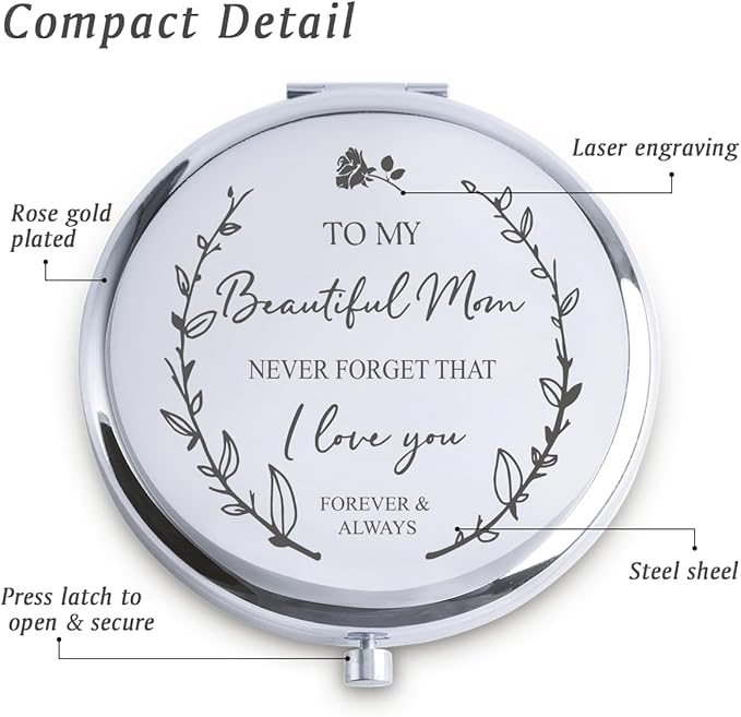 Mom Gifts from Daughter Son, Personalized Gift for Mother, Custom Compact Mirror, Goodie Bag & Basket Stuffers for Valentines Day, Mothers Day, Birthday, Wedding