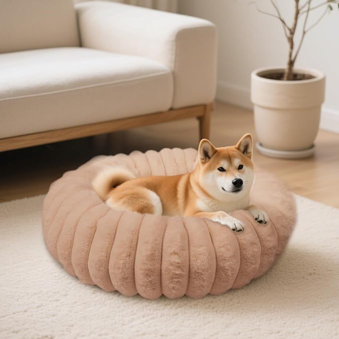 Donut Dog Beds Large Sized Dog Washable Plush Pet Bed,36in Brown | Cozy Calming Round Cuddler, Fluffy Faux Rabbit Fur, Non-Slip Bottom, Anti-Anxiety, Circle Bed for Large Pets Up to 90 Lbs