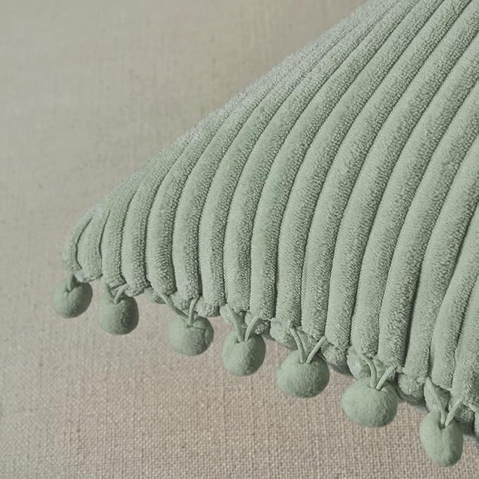 Fancy Homi Pack of 2 Sage Green Decorative Throw Pillow Covers 22x22 Inch with Pom-poms, Soft Corduroy Solid Square Cushion Case for Couch Sofa Bedroom Car Living Room 55x55 cm