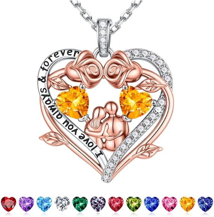 Iefil Valentines Gifts for Her Wife - 925 Sterling Silver Double Heart Birthstone Necklace, Anniversary Birthday Gifts for Women Wife Girlfriend