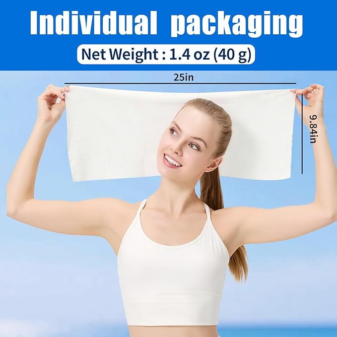 50 Pack Disposable Cooling Wipes, Individually Wrapped No-Rinse Cooling Towels, (25''x 9.84'') Extra-Thick Oversized Ice Towel for Sports, Travel, and Camping in Hot Weather (White)