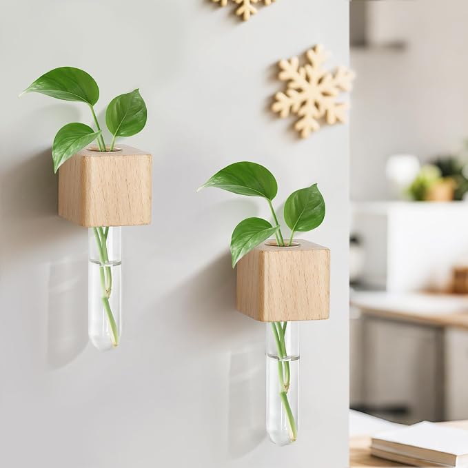 Magnetic Test Tube Flower Vases for Refrigerator, Set of 2 | Wooden magnetic vases in a natural wood finish for fresh cuttings and plant propagation. Plant not included.
