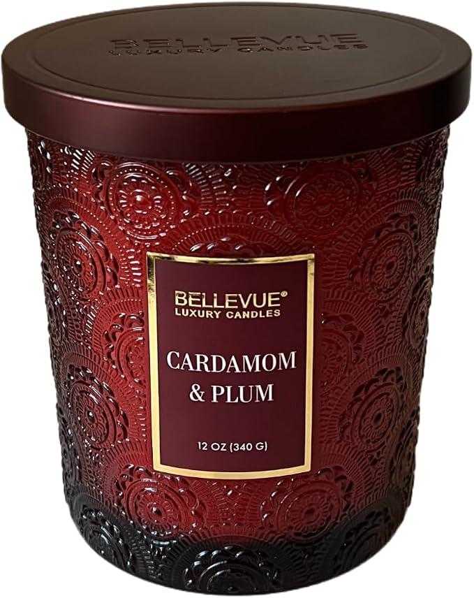Bellevue Luxury Candles, 12 OZ Soy Blend Candle, Embossed Glass, Fragrances formulated with Essential Oils, Home Fragrances, Scented Candles Gift Set ǀ Scent: Cardamom & Plum