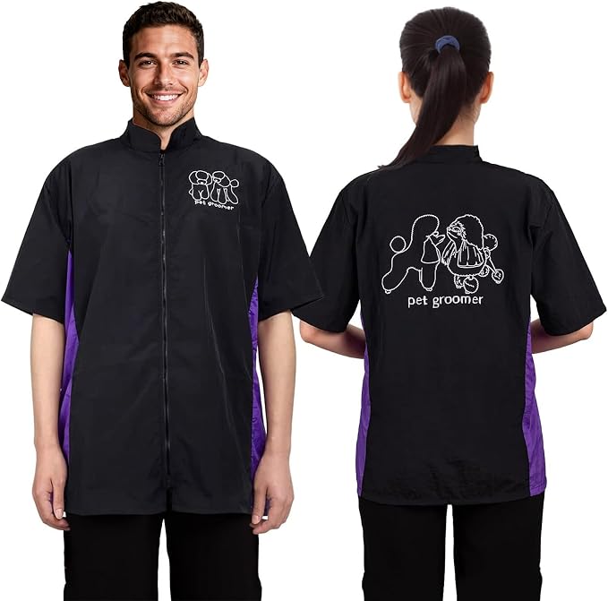 Short Sleeve Pet Grooming Jacket for Groomers, XL Size, Full Zipper | Anti-Static & Splash Proof Pet Beautician Uniforms, Hair Repellent Smock & Trousers for Professional Dog Cat Grooming Salon