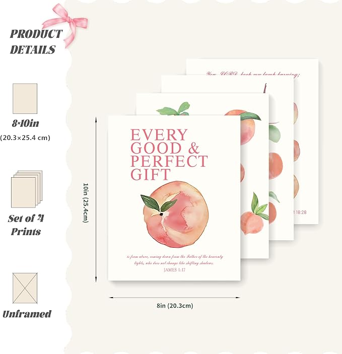 LARTSFRO Coquette Pink Peach Fruits Wall Art Decor Posters, Cute Pink Peach Christian Room Bathroom Bedroom Dorm Wall Art Decor Aesthetic for College Teen Girls Gifts, Inspirational Bible Verses Wall Decor, 10x8 Inch Set of 4 Pcs Fruits Pictures (UNFRA...