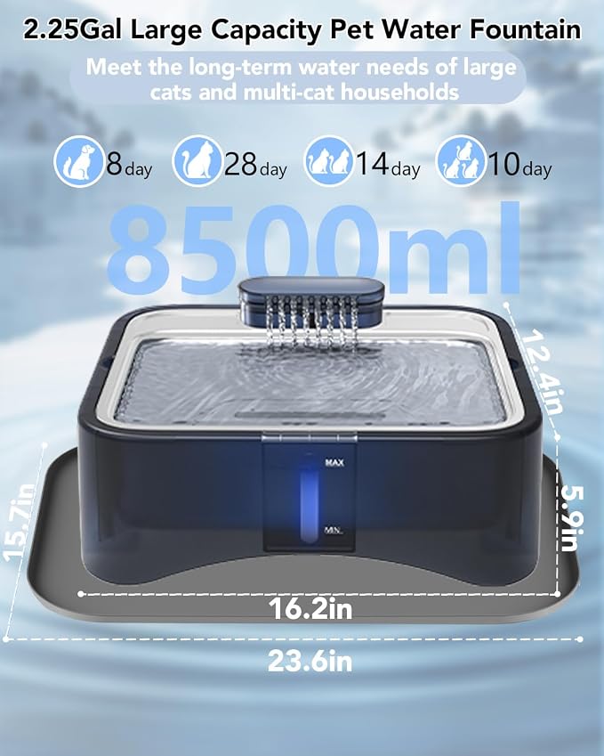 UPSKY Cat Water Fountain, 2.25Gal Large Capacity for Multi-Pet Homes | Ultra Quiet 304 Stainless Steel, Anti-Clog Pump with 4 Filters, Non-Slip Mat Included, Easy to Clean, Smart LED & Anti-Dry
