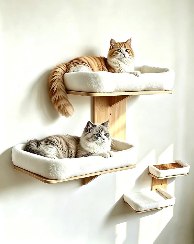 Cat Wall Shelves with Cat Bed 2 in 1 Furniture with Soft Cushion Perch & Pet Cooling Mat 2 Platform Climbing Wall Systems Tree Tower for Indoor Cats Rubber Wood Corner Floating Shelf