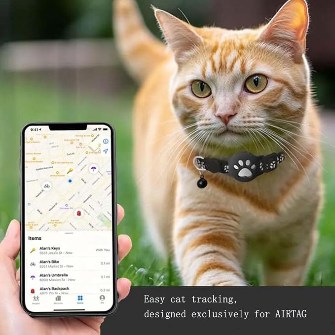 GPS Pet Tracker Collar for Cats & Small Dogs, Lightweight & Waterproof with Safety Buckle, Anti-Loss Tracking, Adjustable Reflective Collar with Bell (Android, Black, 19-26cm)