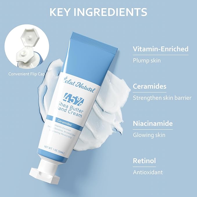 Shea Butter Hand Cream, with Ceramides Niacinamide Vitamin E Lotion Hand Moisturizer, 45% Shea Butter Nourish Moisturizing Cream for Dry Hands, Mini Hand Lotion, 1 Fl Oz