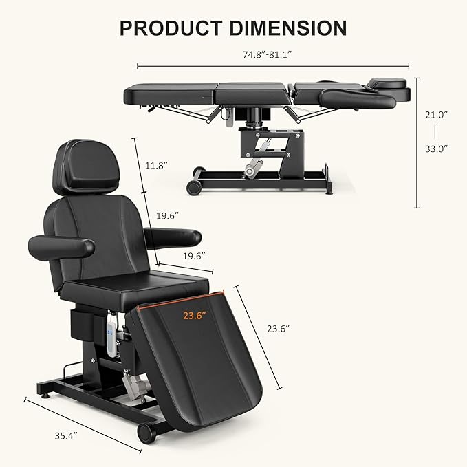 Paddie 360° Swivel Electric Height Adjustable Tattoo Spa Chair for Client, Professional Facial Esthetician Bed with Storage Pocket/2 Wheels, Headrest/Armrest Adjustable, Black