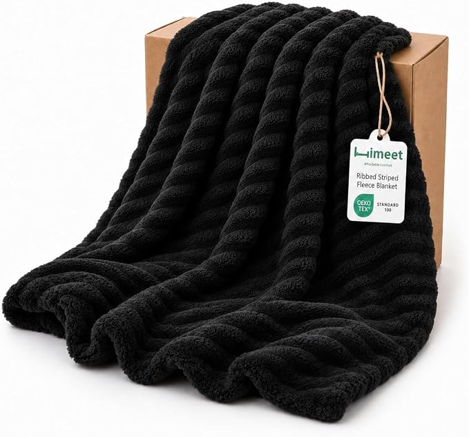 HIMEET Black King Size Blanket for Bed, 300GSM Ribbed Fleece, 108 x 90 in | Ultra Soft Flannel, All-Season Lightweight Warmth, Generous Bed Coverage & Home Decor, Gift for Men & Women, Machine Washable