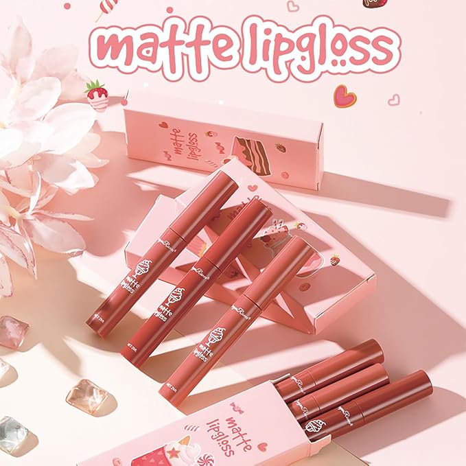 3Pcs Nude Matte Lipstick Set, Ice Cream Velvet Smooth Matte Lip Gloss, 24 Hour Natural Long Lasting & Nourishing Lip Glaze Non-stick Cup for Women Makeup (Set A)