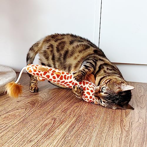 TTcat Large 11.42 Inch Giraffe Silvervine Cat Kick Toy, Crinkle Plush Cat Chew Pillow Toy with Bell Tail, Interactive Kitten Teething Stuffed Toy for Biting, Wrestling & Playing.
