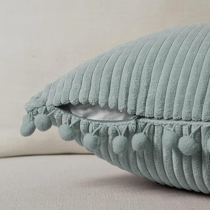 Fancy Homi Pack of 2 Farmhouse Lumbar Decorative Throw Pillow Covers with Pom-poms, Soft Corduroy Solid Rectangle Cushion Cases Set for Couch Sofa Bedroom Living Room (12x20 Inch/30x50 cm, Grey Blue)