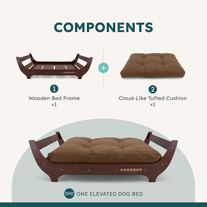 CANAGAN Elevated Wood Dog Bed Frame with Cushion, WalnutPattern, Large | Raised Dog Couch Bed with Washable Cover and Plush PP-Filled Cushion, Furniture-Style for Indoor Living