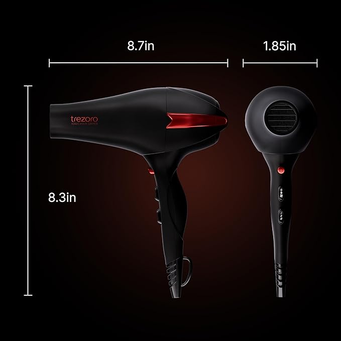 TREZORO Professional Blow Dryer – Ionic Hair Dryer 2000W with Diffuser for Salon & Personal Use – Powerful, Fast & Quiet Drying for Curly Hair, Unwanted Frizz – Design for Travel – 8.2ft Cord