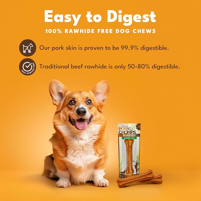 Pork Chomps Rawhide Free Pork Skin Dog Chew Bone, 7in, 1ct | Roasted, pressed pork skin chew. Long-lasting, high protein, low fat, healthy & delicious.