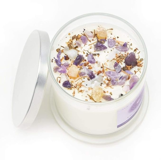 Crown Chakra Candle by New Moon Beginnings - Chakra Candles - Dried Flower, Herb, & Crystal Candles - Aromatherapy Candles - Soy Candle
