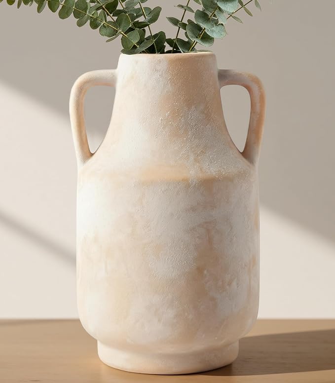 Ceramic Flower Vase, 10.6" Rustic Farmhouse Decorative Vase, Wide Ceramic Pottery Vase for Fresh Flowers, Pampas Grass, Living Room, Fireplace Mantel, Table and Shelf Decor